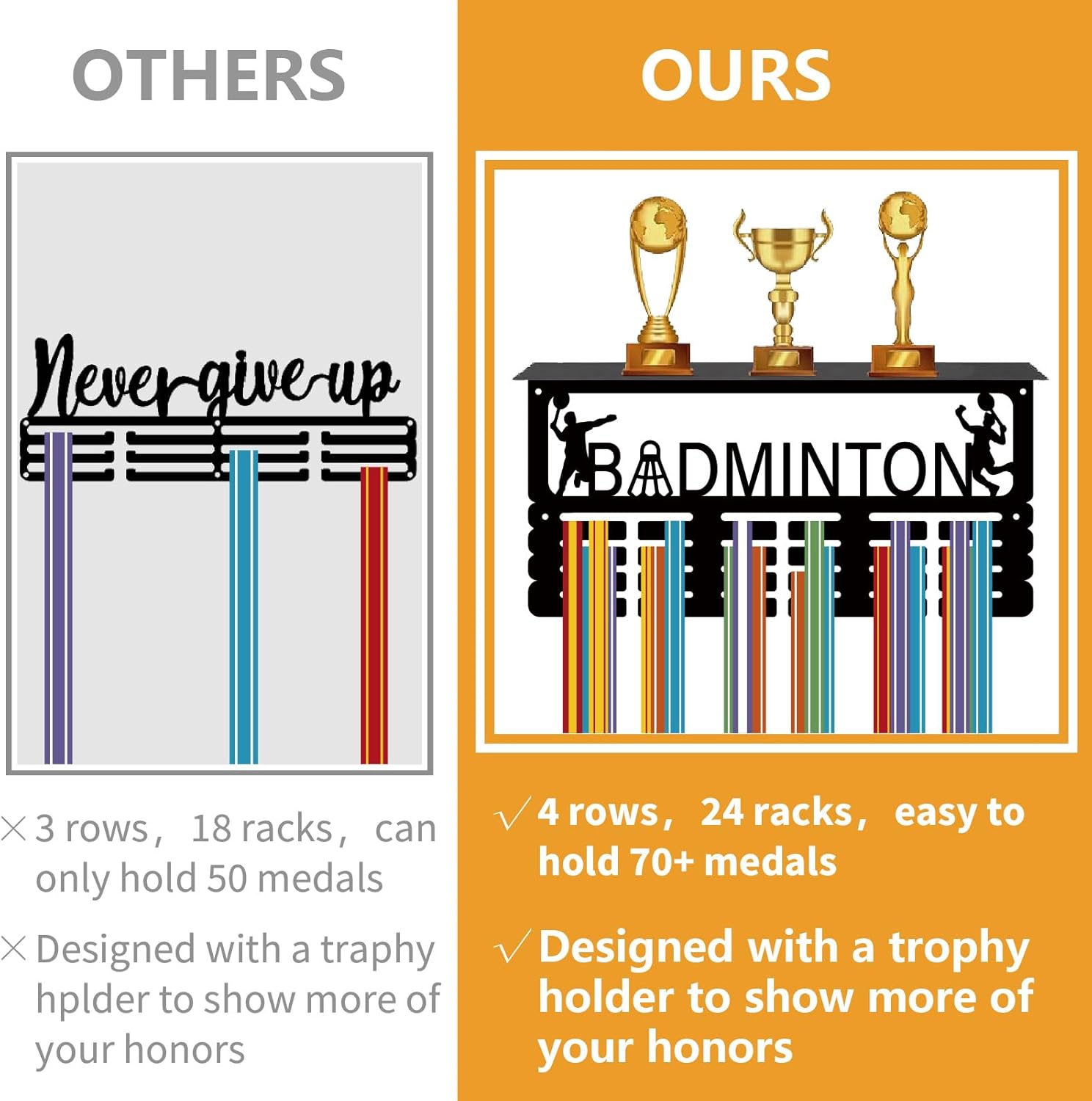 CREATCABIN Badminton Medal Hanger Display Trophy Shelf Medal Holder with Shelf Stand Sports 4 Rows Metal Hanging Wall Mount Frame Hold 70+ Medals for Run Competition Ribbon Medals Rack 15.7x7.9Inch