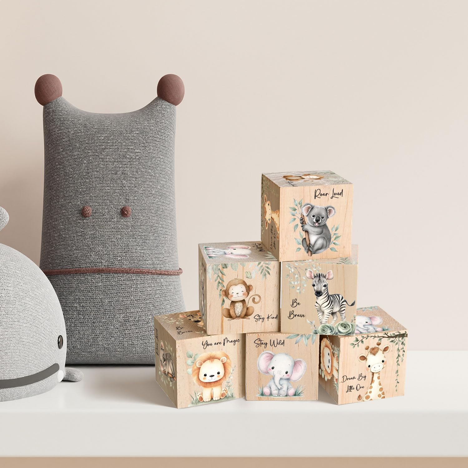 6 Pcs Baby Blocks, Woodland Animal Baby Shower Decorations, Extra-Size Wooden Nursery Decor for Girls and Boys, Nursery Watercolor Shelf Decor, Kids Bedroom Playroom Gifts 2.4x2.4 in