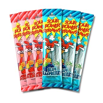 Sour Power Patriot Mix Candy Straws, 1.75 oz Pack of 6 Variety, Vegan Two Flavor Sour Candy Since 1985, Soft Chewy Sweet Tart, Non-GMO Gelatin Free, 3 Strawberry and 3 Blue Raspberry