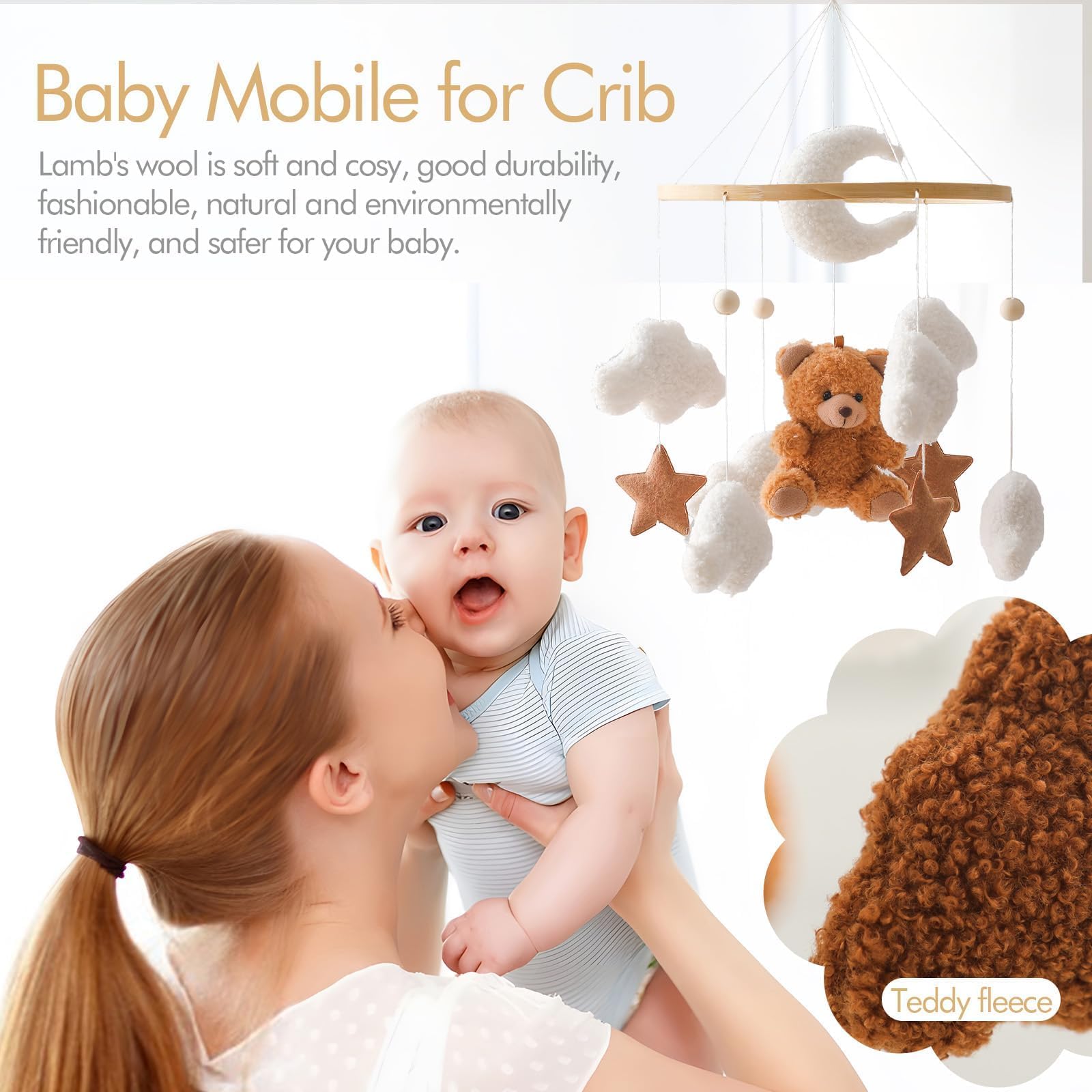 Baby Mobile Bébé Lit Support Bois Bébé Lit Support Table à langerBaby Boîte à musique Nuages Blancs Lune Nuages Blancs Lune Ours Brun Pendentif Mobile Chambre