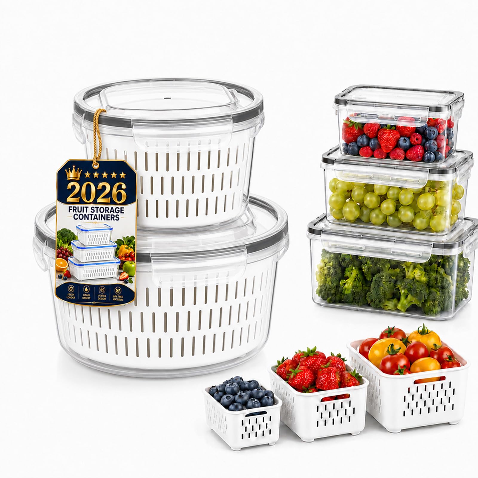 4-In-1 Fruit Strainer Container, Berry Storage Containers for Fridge with Removable Colander & Lid, Airtight Fresh Food Storage Containers with Drain Basket for Vegetable & Kitchen，Round：M+L