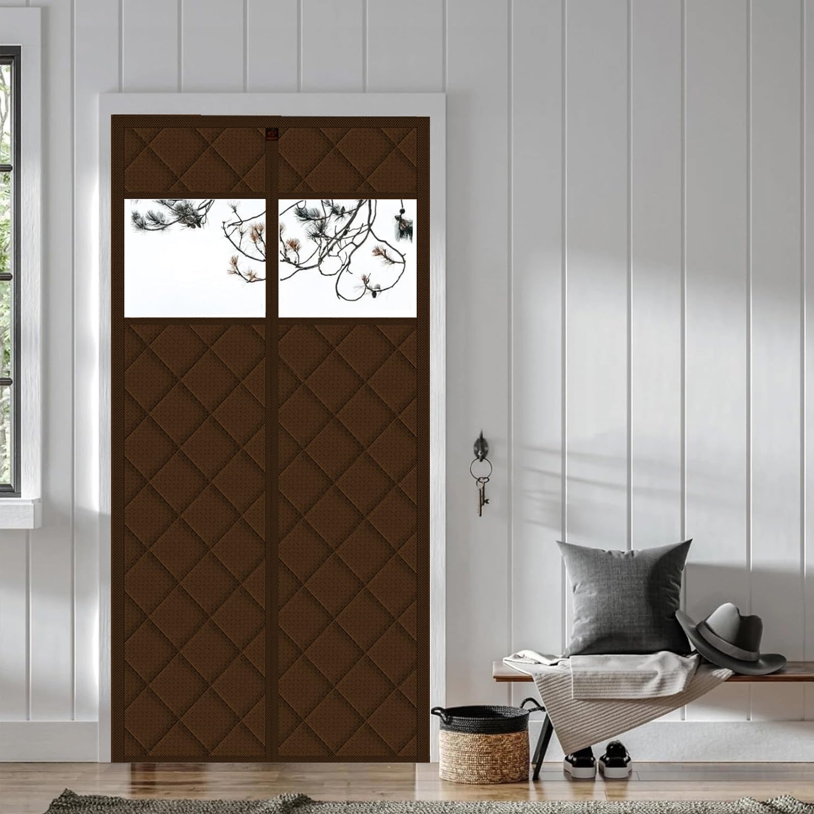 Rideau de porte isolant contre les courants d'air hivernaux avec fenêtre transparente