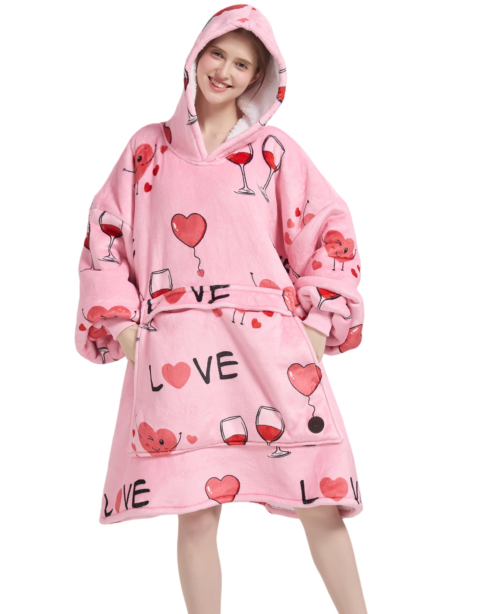 VERTAST Oversized Hoodie Blanket Sweatshirt for Men Women, Sherpa Fleece Wearable Blanket Sweatshirt Warm Home Hoody Gifts for Gamers Sofa Lovers (Rose - Romantic, Audlt)