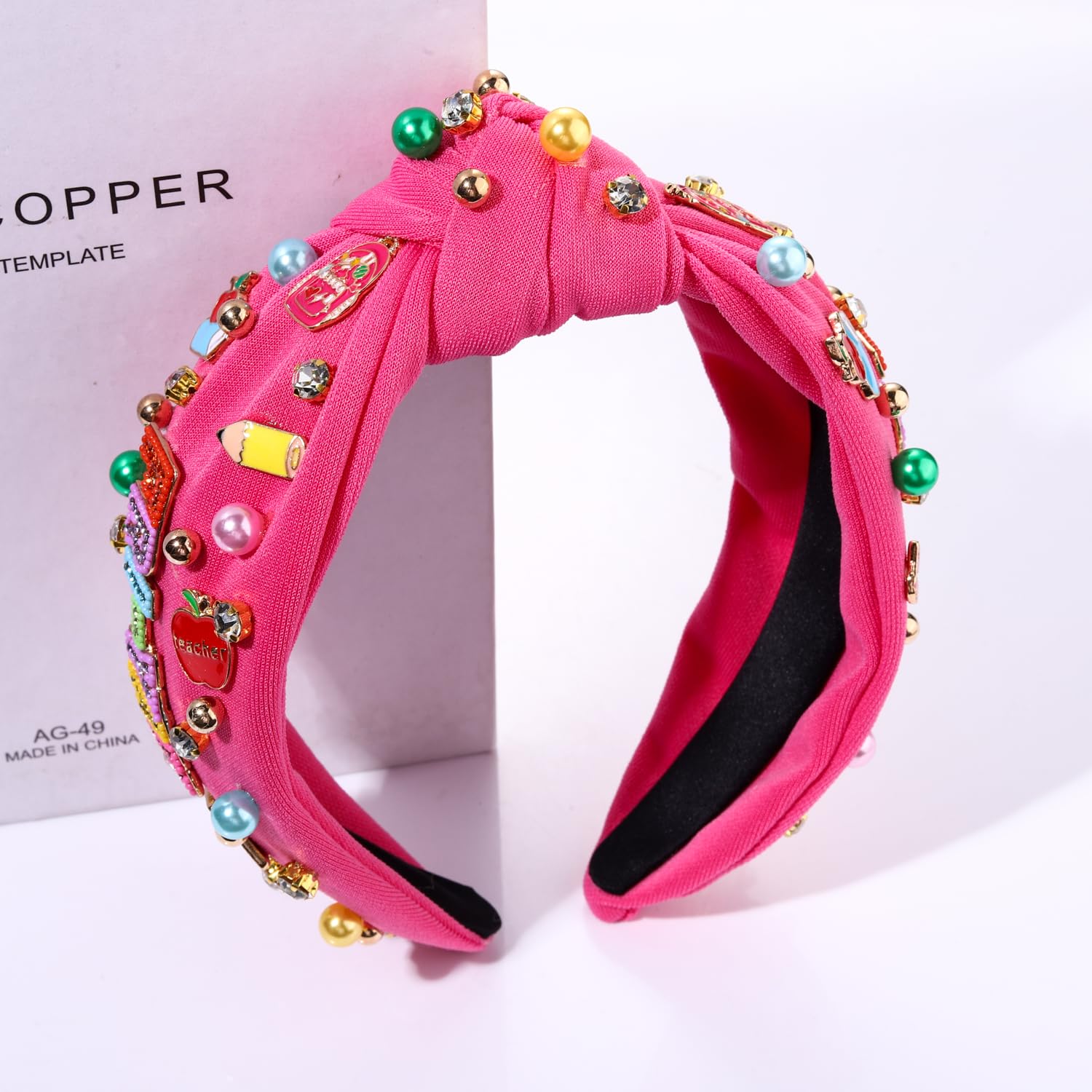 Teacher Headband Accessories, Crystal Pearl Knotted Headbands for Women Cute Book Pencil Teach Charms Embellished Jeweled Top Knot Headband, Teacher Appreciation Gifts (Pattern D) - Image 4