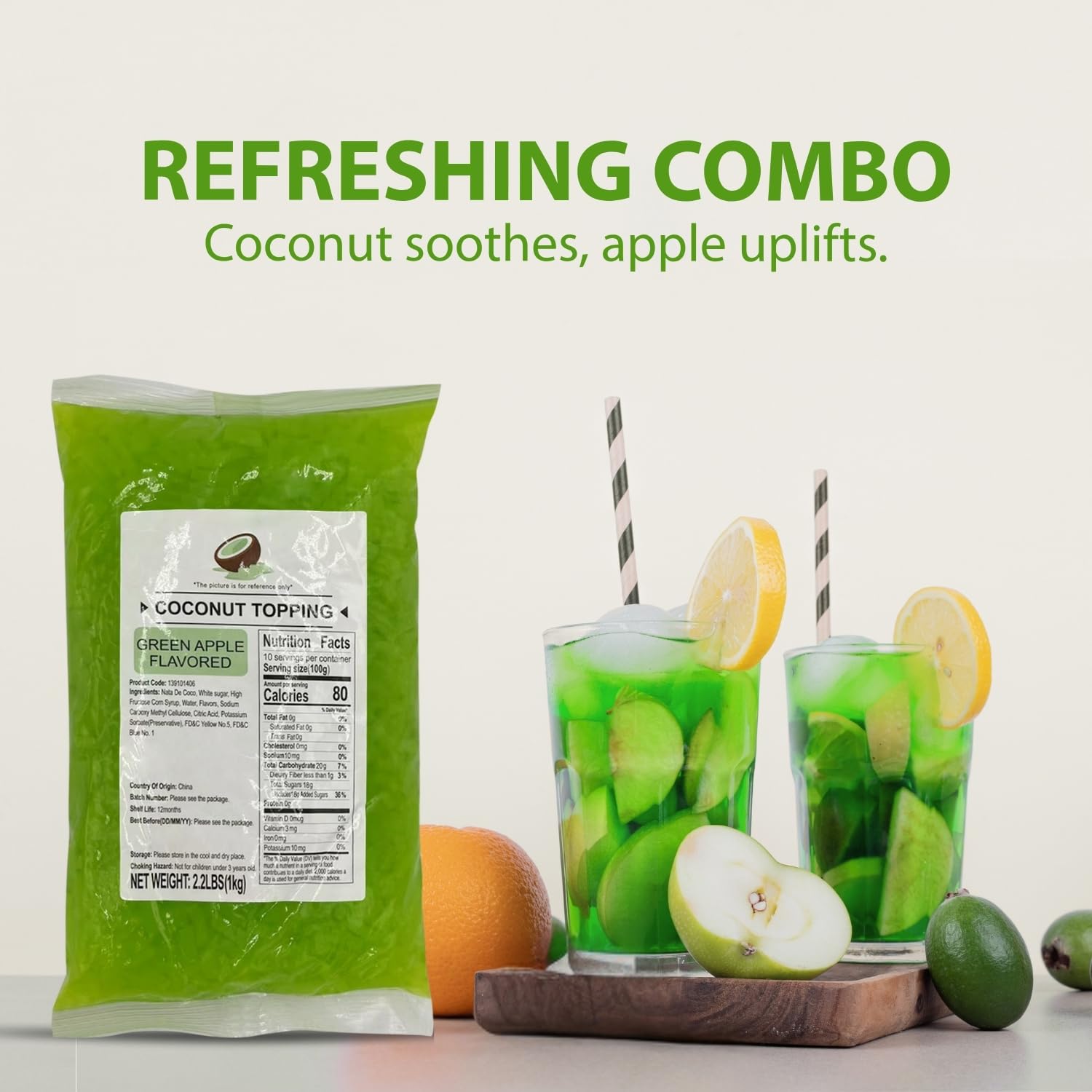 Soeos Green Apple Coconut Jelly Strips, 2.2 lbs (1 Kg) – Sweet & Chewy Tropical Snack, Ready-to-Eat Dessert Topping for Drinks, Bubble Tea, and Ice Cream