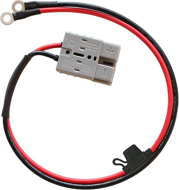 0.5m 4.0mm cable with 50A battery plug on one end, a 10A fuse, and 8mm ring (eyelet) battery terminals on the other end, suitable for Photonic Universe folding solar charging kits