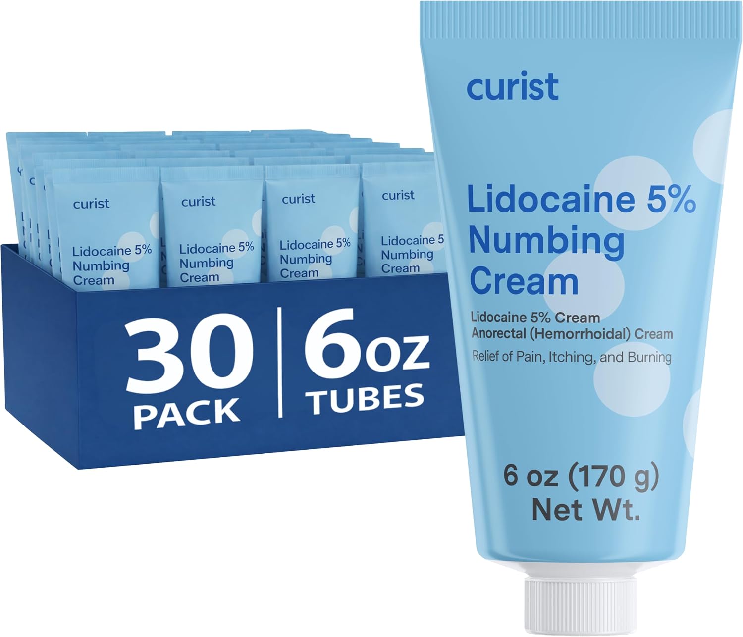 Curist 5% Lidocaine Numbing Cream Bulk Pack - Case of 30 (6oz XL Tubes) - Soothing Numbing Cream Hemorrhoids Lidocaine 5% (30 Pack - 180 oz Total)