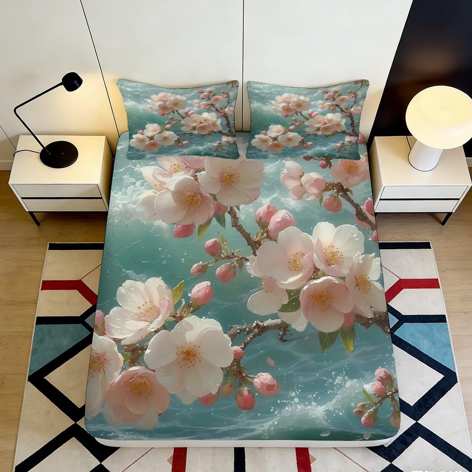 3D Printed Cherry Blossom Fitted Sheet Microfiber Soft Breathable Floral Branch Bed Cover for Bedroom Dormitory Guest Room Mattress Protection Decor 90x200x25cm