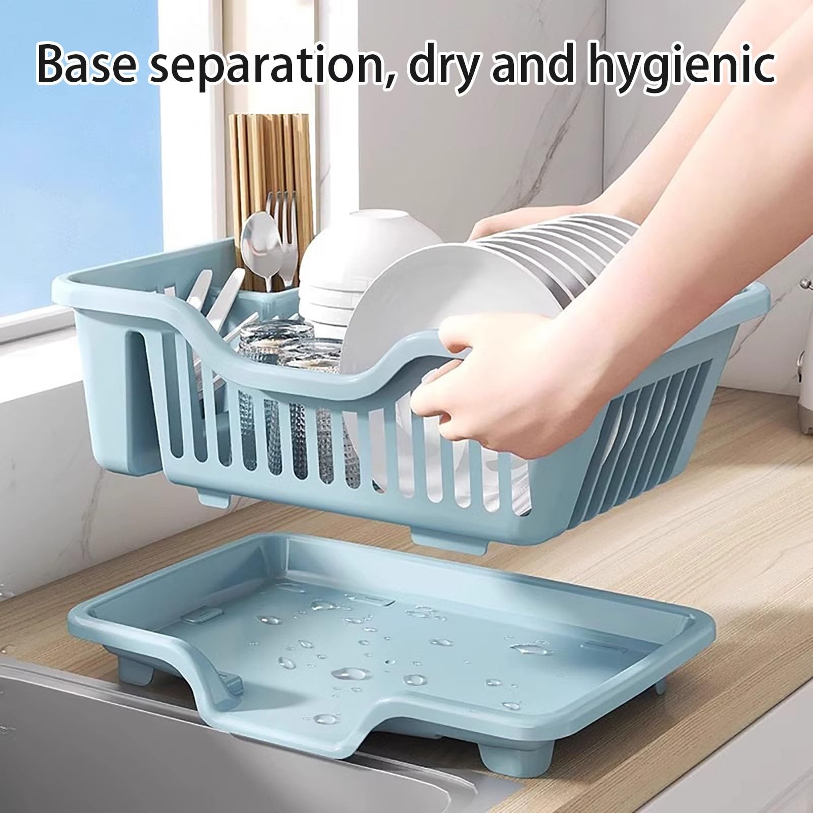 Plastikowa Ociekacz Do Naczyń Z Uchwytem Na Sztućce, Suszarka Do Naczyń O Dużej Pojemności Do Blatu Kuchennego, Stojak Na Naczynia Z Ociekaczem(Blue)