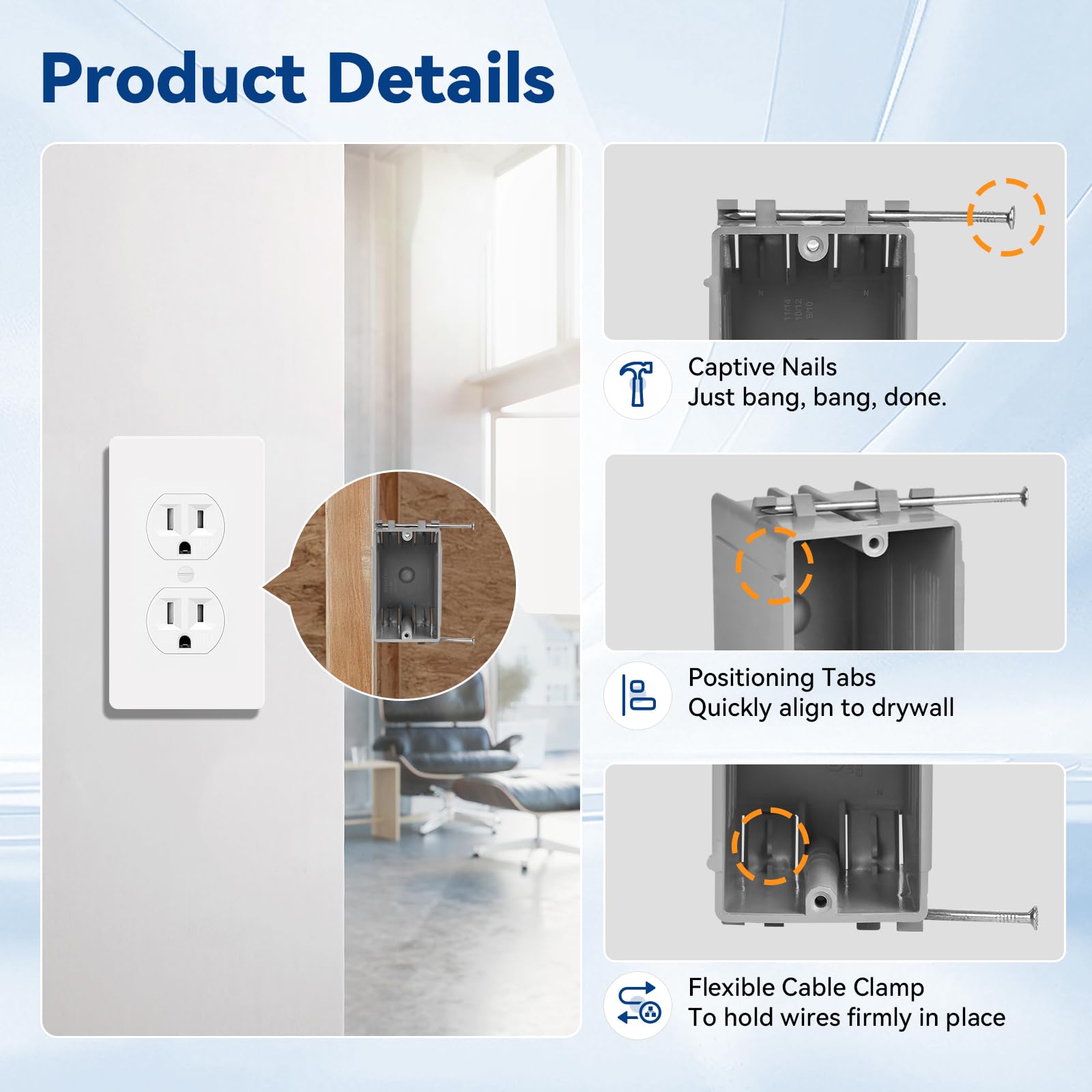 Togalonn 1-Gang New Work Outlet Box, PVC Electrical Box for Switch, GFCI, Dimmer, 22 Cubic Inch, UL Listed, 6 Pack — Amazon image 4