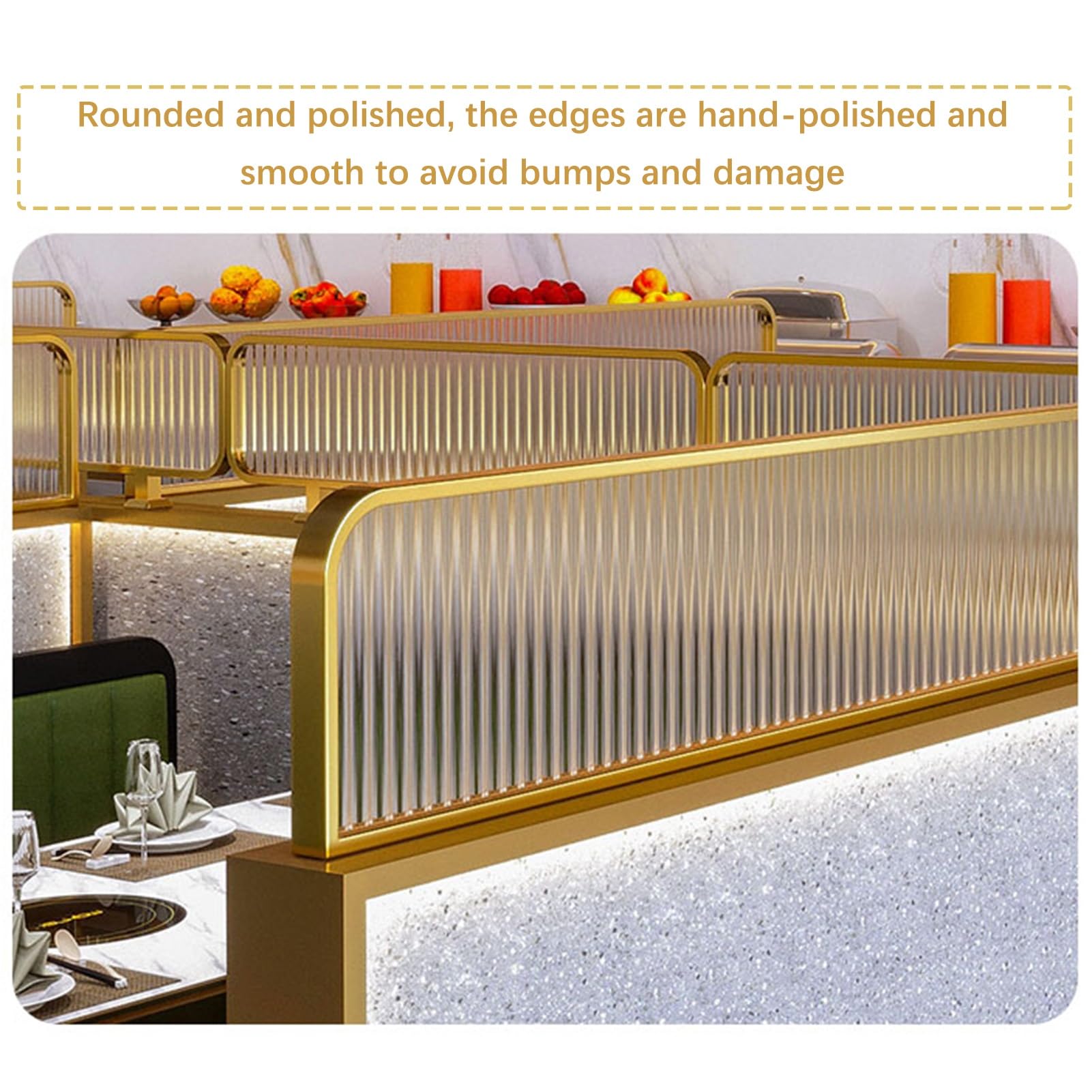 Mamparas divisorias Bajas de Acero Inoxidable con Cristal Rayado (Dorado, 25 x 140 cm). Paneles semiprivacidad restaurantes, Bares, hoteles y oficinas.