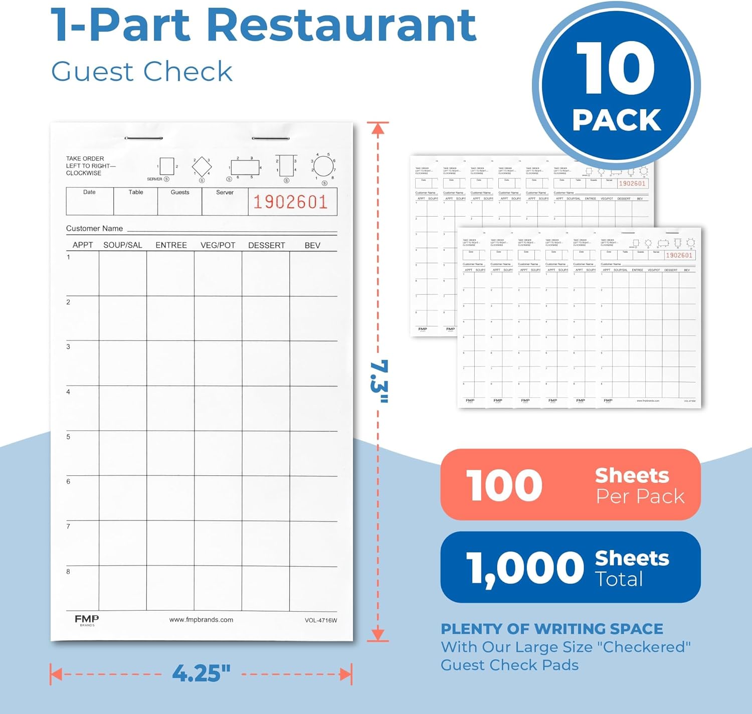 FMP Brands (1000 Sheets) Server Note Pads Paper, Guest Check for Servers, Guest Check Pads, Order Pads for Servers, Waitress Notepads, Server Pads for Restaurant, Bar, Cafe, 10 Pads, 100 Sheets/Pad