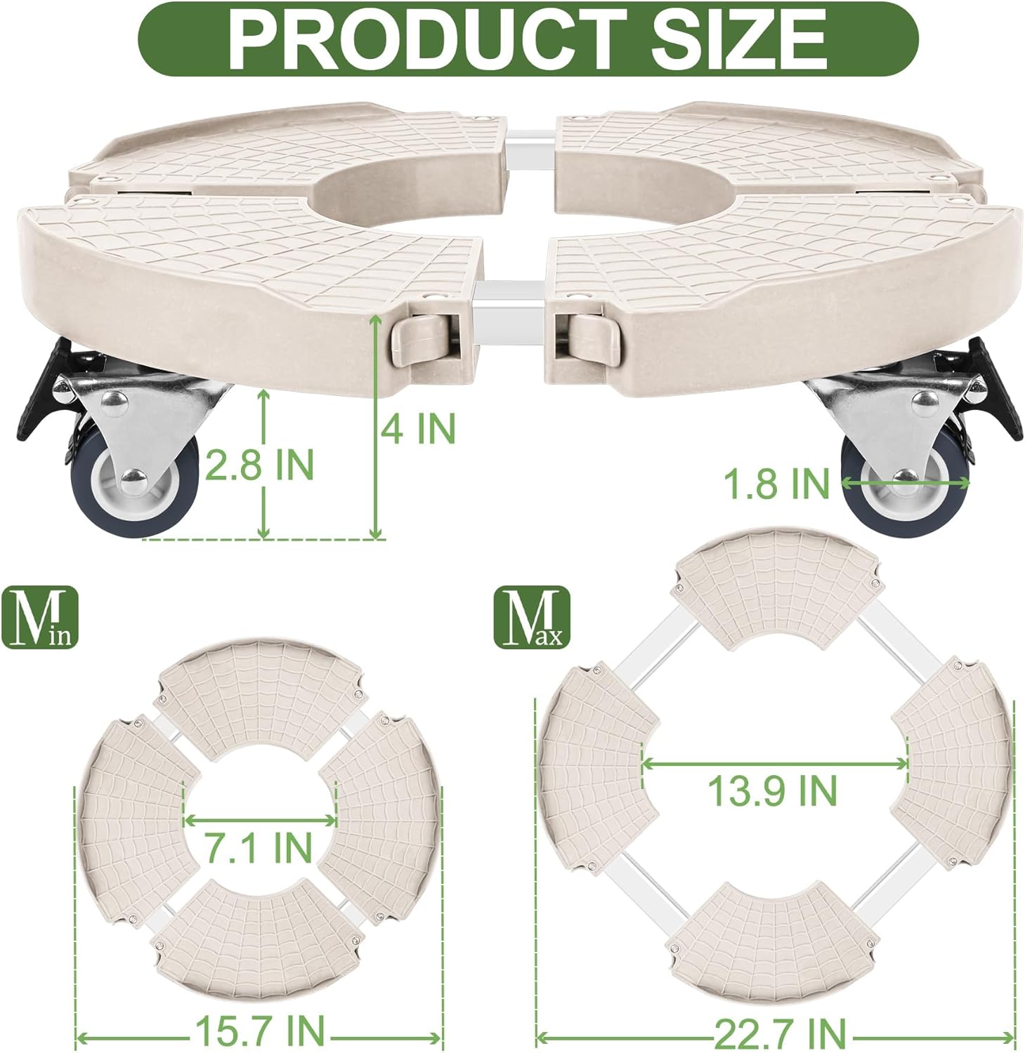 ToLanbbt 4 Pack Plant Caddy Stands with 360° Wheels Adjustable 15-22 in Rolling Stands Heavy Duty Large Plant Carts Dolly with Casters 440lbs Capacity for Large Planter, Garden Pot, Flower Pot, Beige