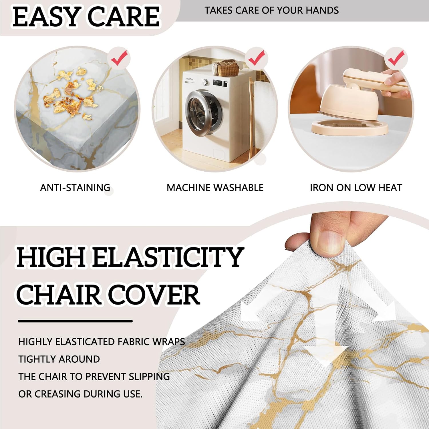 MCALK White Chair Covers Set of 4 and Table Runner,Stretch Marble Print Chair Slipcovers for Kitchen,Washable Removable Chair Protector Modern Chair Covers for Dining Room