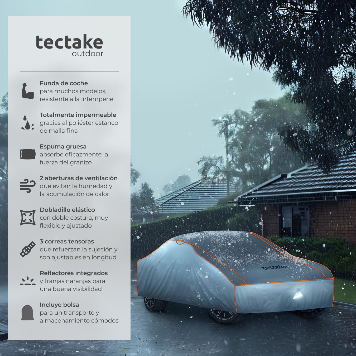 tectake® Funda para Coche Exterior, Impermeable y Transpirable, Lona para Coche Antigranizo, con Reflectores y Bolsa de Almacenamiento, Compatible con Muchos Modelos - tamaño L