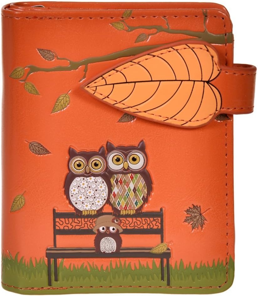 Shag Wear Owl Park Bench Small Bird Wallet for Women and Teen Girls Vegan Faux Leather Orange 4.5"