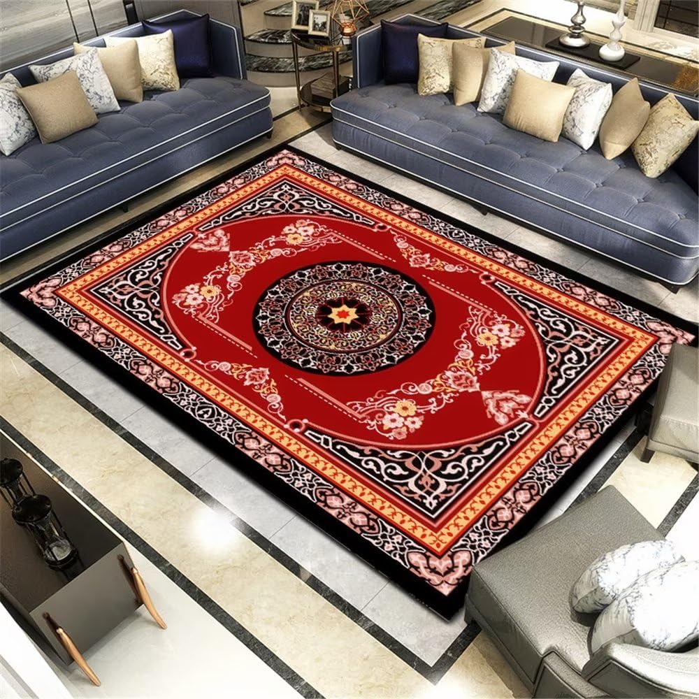 Tapis de salon rouge design 140x200 cm à motif floral et géométrique chic