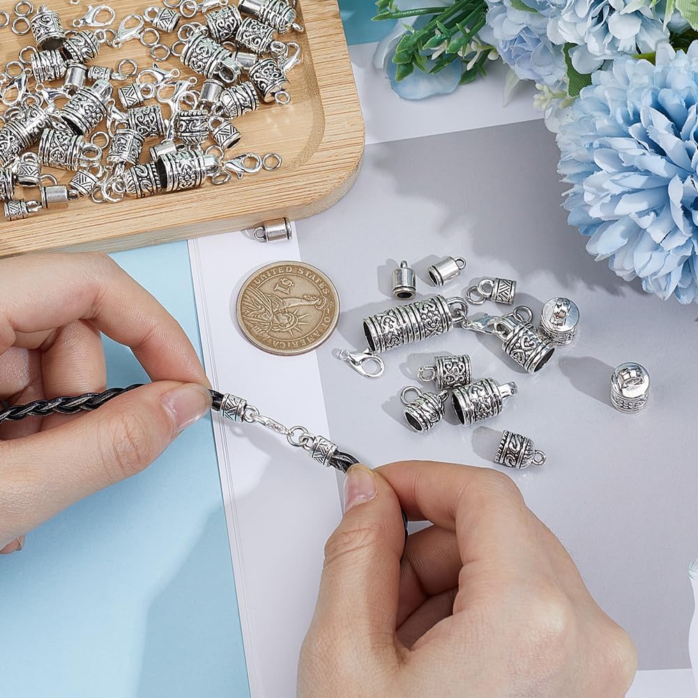 125PCS 50 Sets 5 Styles Leather Cord End Caps Alloy Tibetan Antique Silver Kumihimo Bead Spacers Tassel End Cap with Jump Rings Lobster Clasps Connector for Bracelet Jewelry Making Findings
