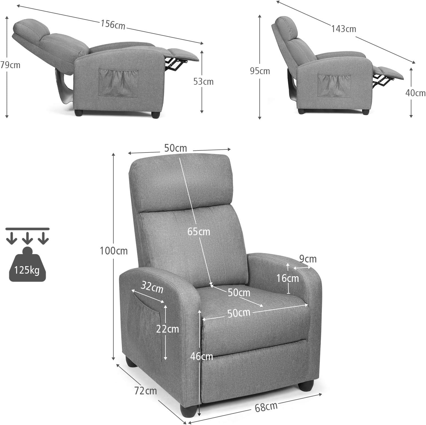 Reclining Armchair, Upholstered Padded Single Sofa with Adjustable Leg Rest and Side Storage Pocket, Home Theater Recliner Lounge Chairs for Reading Resting Sleeping(Grey)