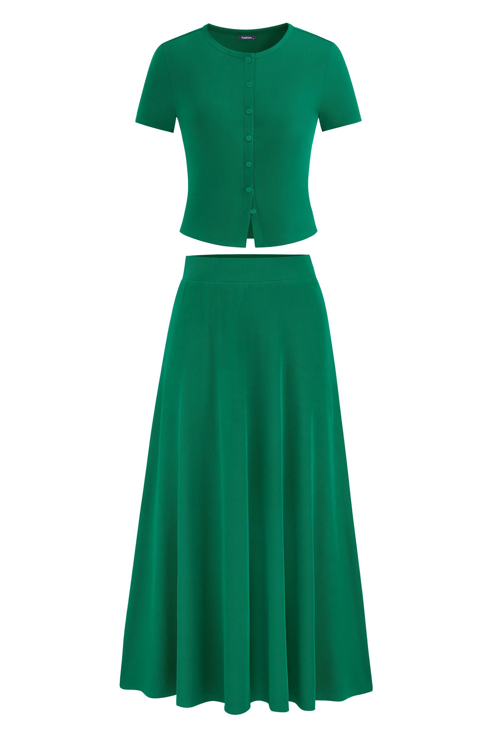 PRETTYGARDEN Women's 2 Piece Skirt Sets Summer Short Sleeve Button Up Knit Crop Top Flowy Maxi Skirts Travel Vacation Outfits