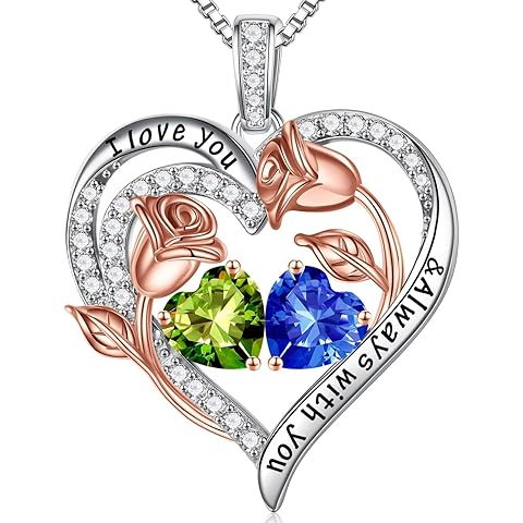 Iefil Christmas Gifts for Women Wife - 925 Sterling Silver Rose Heart Birthstone Necklace Birthday Anniversary Jewelry Gifts for Her Wife Mom Daughter