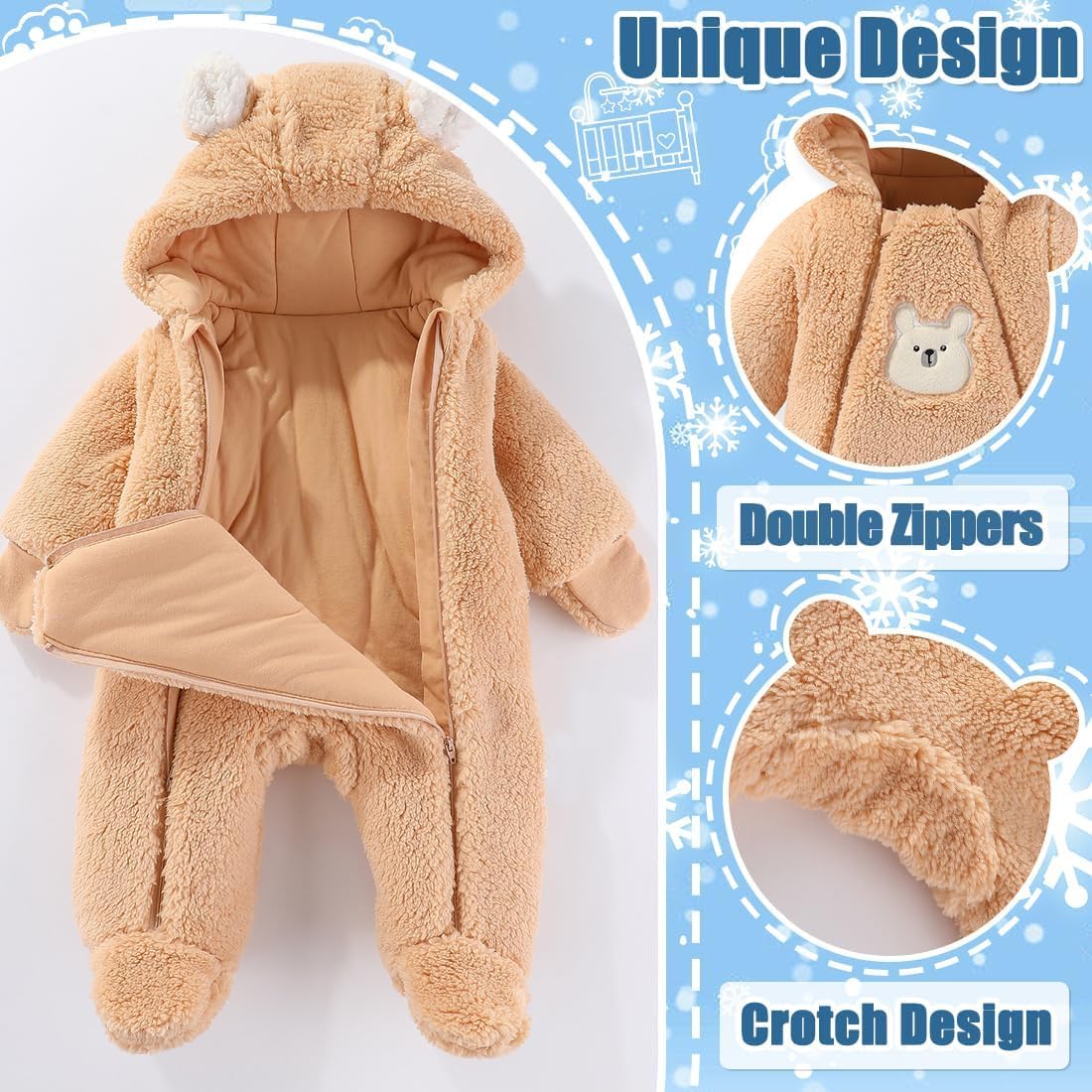 Fairy Baby Newborn Baby Winter Snowsuit Bear Thick Romper Footie Double Zip Hooded Jumpsuit Fleece Coat Infant Boy Girl 0-12M - Image 4