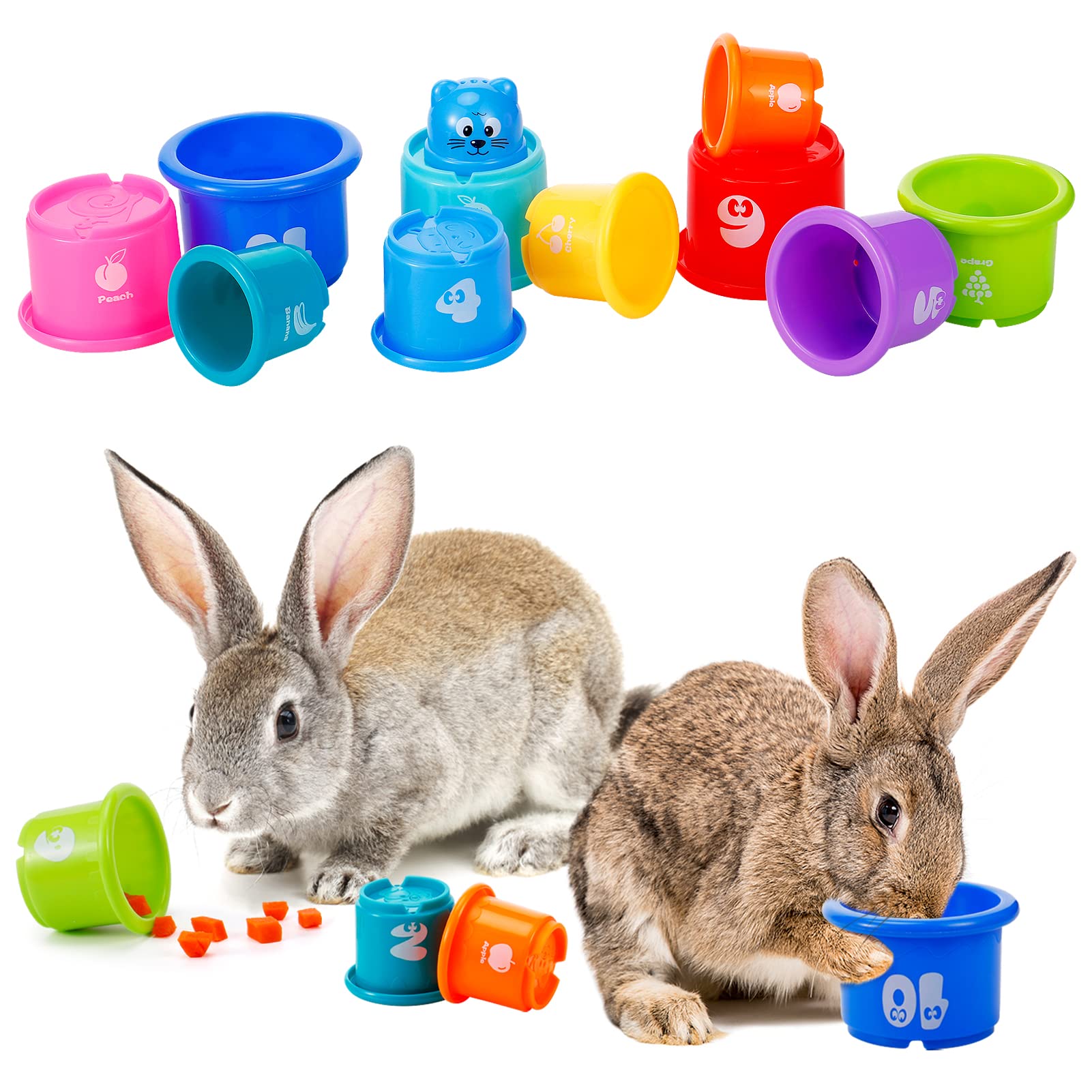 MEWTOGO 11 Pcs Stacking Cups for Rabbits - Reusable Multi-Colored Bunny Toys of Different Sizes, Safe Plastic Nesting Toys for Rabbits Bunny Gifts Small Animals Hiding Food and Playing