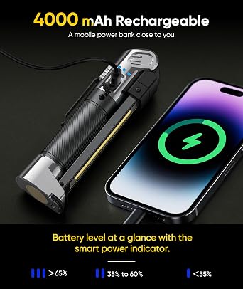HOTLIGH Rechargeable Work Light - 1200 Lumens Magnetic Flashlight, 4000mAh Magnetic Work Light, 3 Lighting Modes Mechanic Light with Hooks for Car Repairing/Workshop/Inspection, 1 Pack
