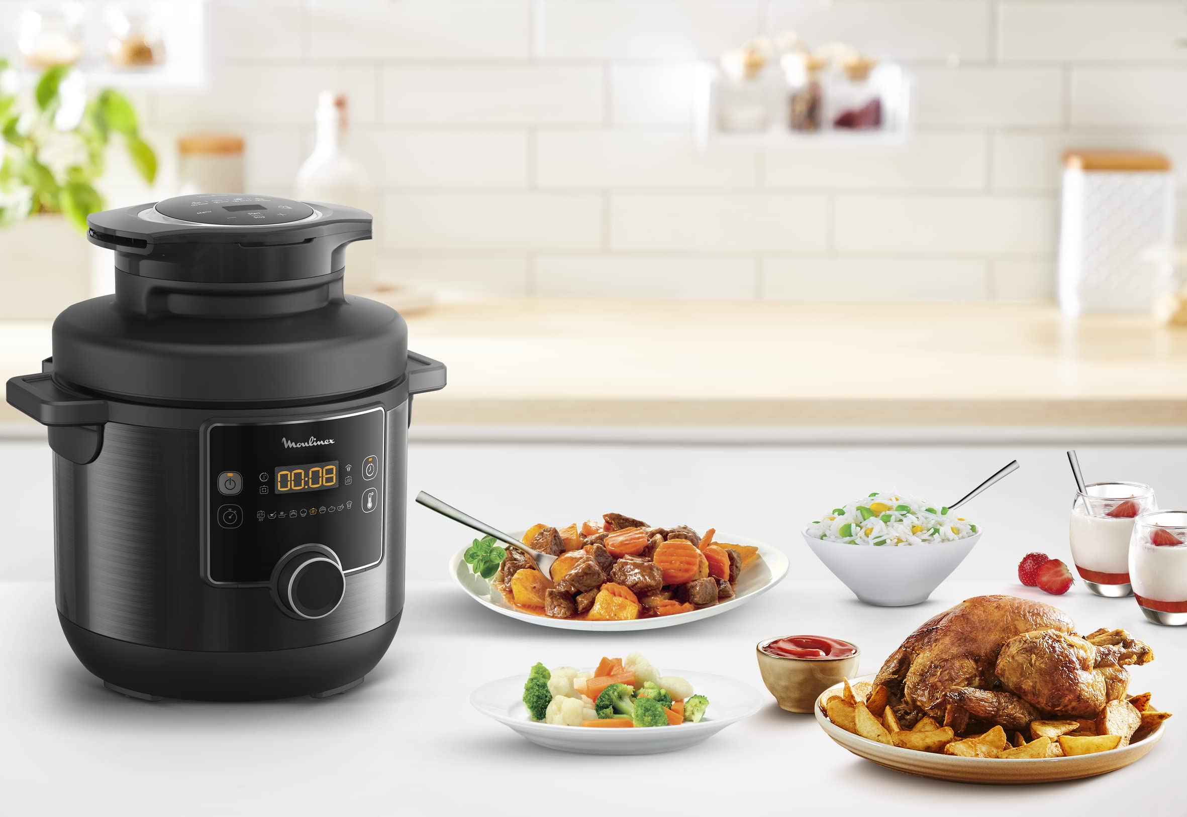 Moulinex CE7788 Turbo Cuisine et Fry Multicuiseur, Couvercle Turbo-Crisp multifonction, 15 programmes automatiques, Cuisson sous pression, Application, Louche incluse, Noir