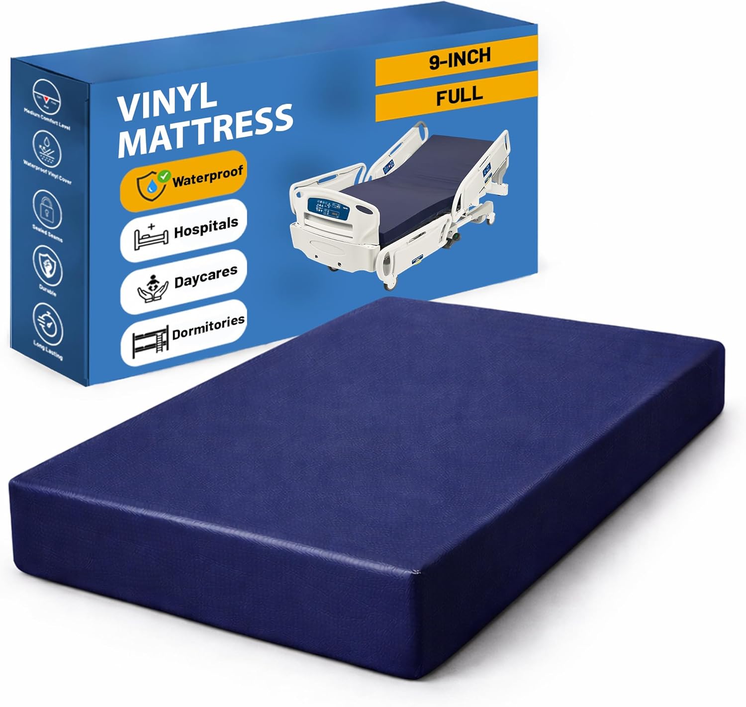 Greaton, 9-Inch Medium Firm Water-Resistance Vinyl Foam Mattress, Easy to Clean, Comfortable & Noise Free, Full, Blue