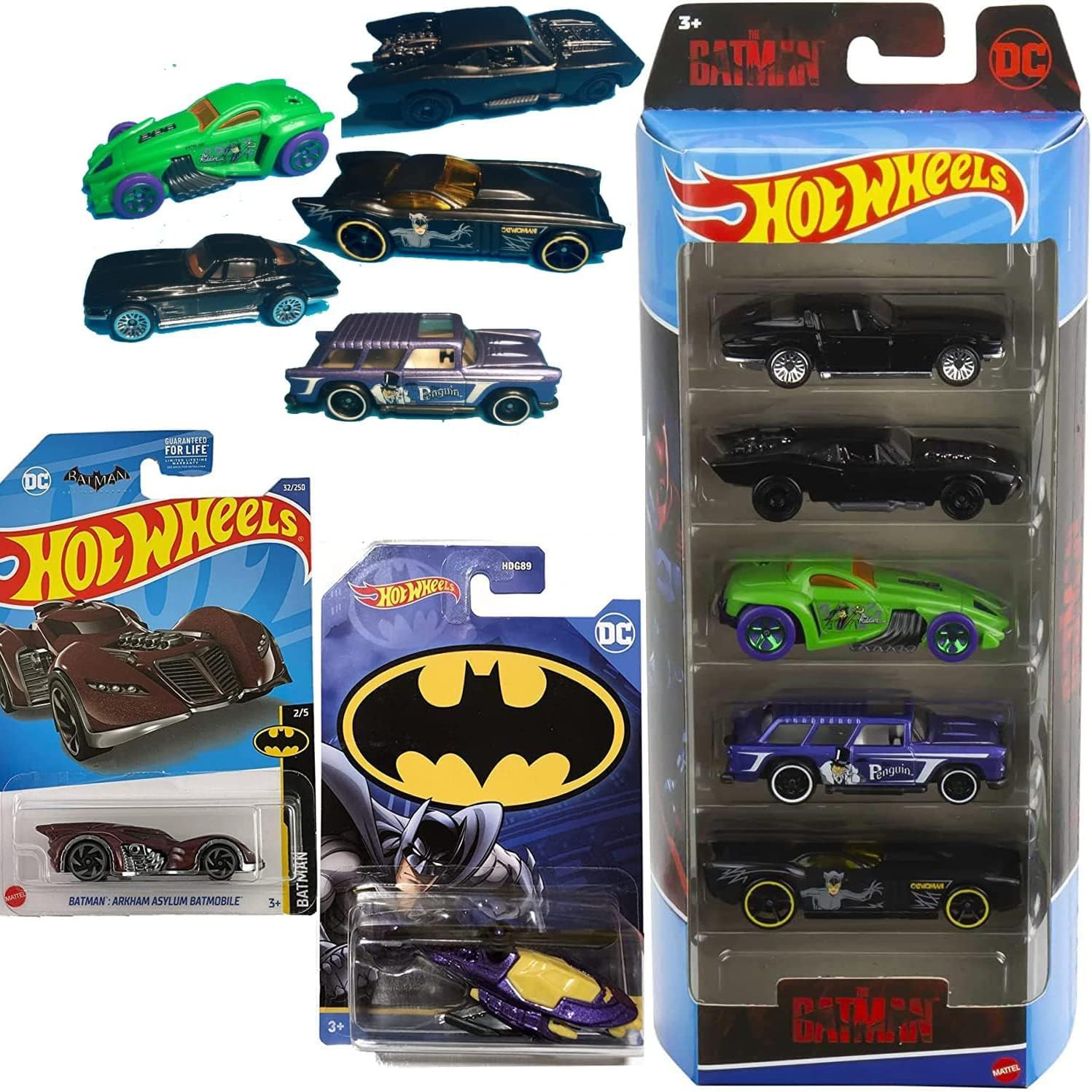 7 City Batman Stingray, Catwoman, Riddler, Penguin & First Appearance Batmobile The Batman Paquete de 5 coches de colección con DC Comics Vehículos Arkham Asylum & Batcopter 3 artículos