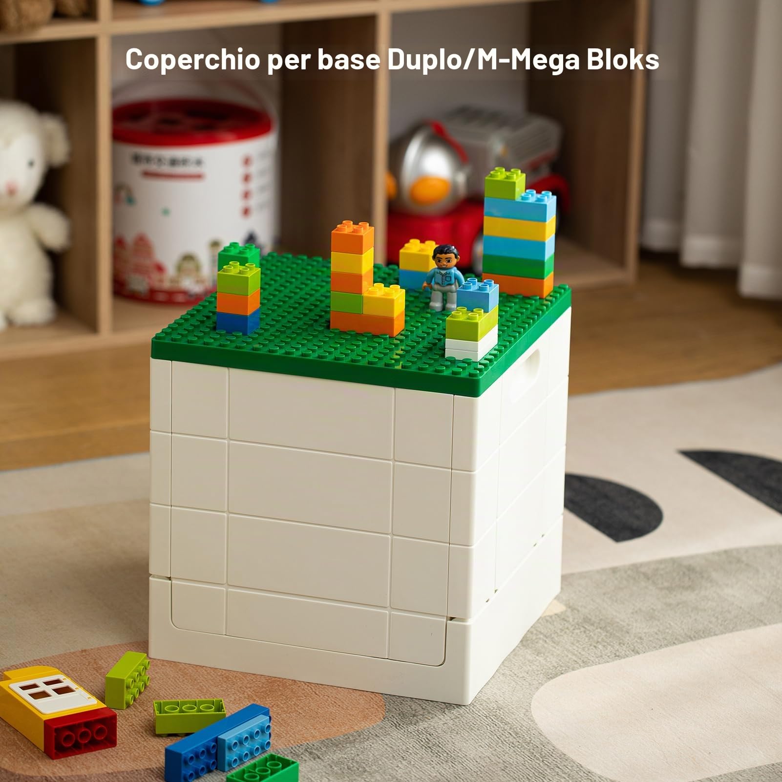 SHIMOYAMA Scatola portaoggetti pieghevole con coperchio della piastra di base per Duplo, cestino impilabile da 25 litri con tavola separata per Lego, contenitore pieghevole da 26 litri, per Lego Duplo