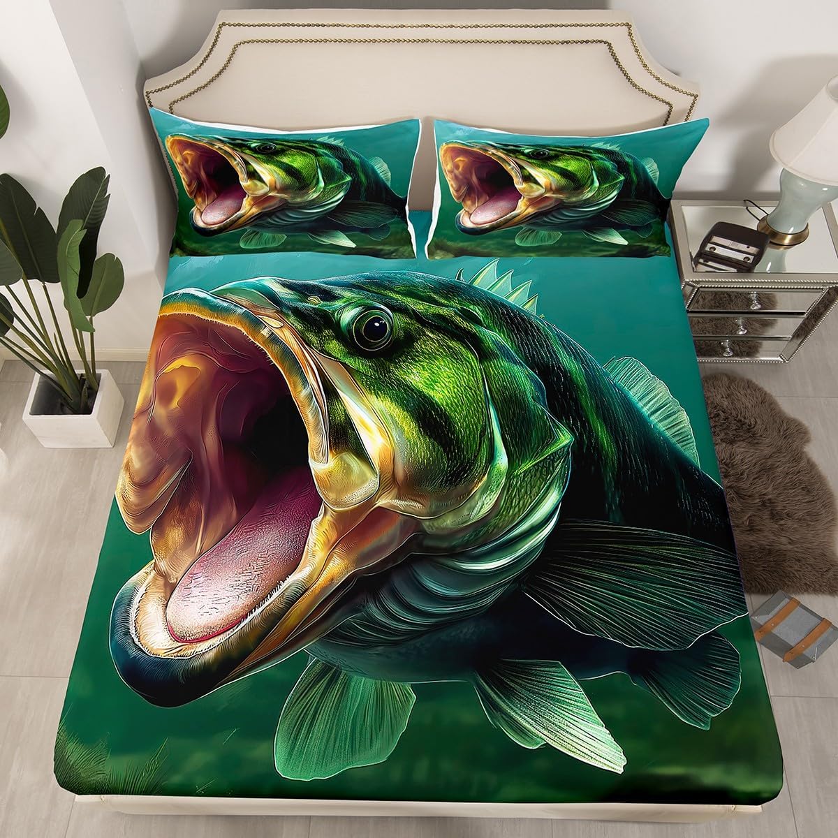 Erosebridal Big Bass Fish Bed Sheets Sea Ocean Animal Fitted Sheet Full Size, Pike Fish Print Bedding Hunting and Fishing Sheet, Rustic Lake River House Farmhouse Bed Cover Lightweight (Deep Pocket)