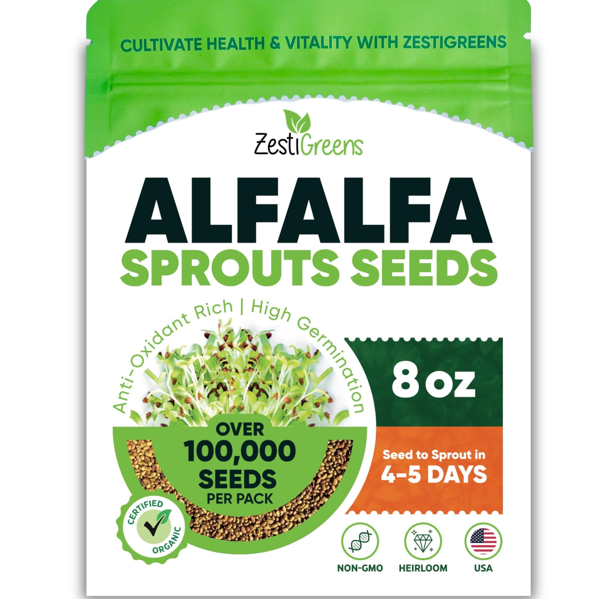 Premium USA Alfalfa Seeds for Sprouting & Microgreens with High Germination Rate. Seeds Come in Food Grade Resealable Bag for Keeping Fresher for Longer (0.5 lb)