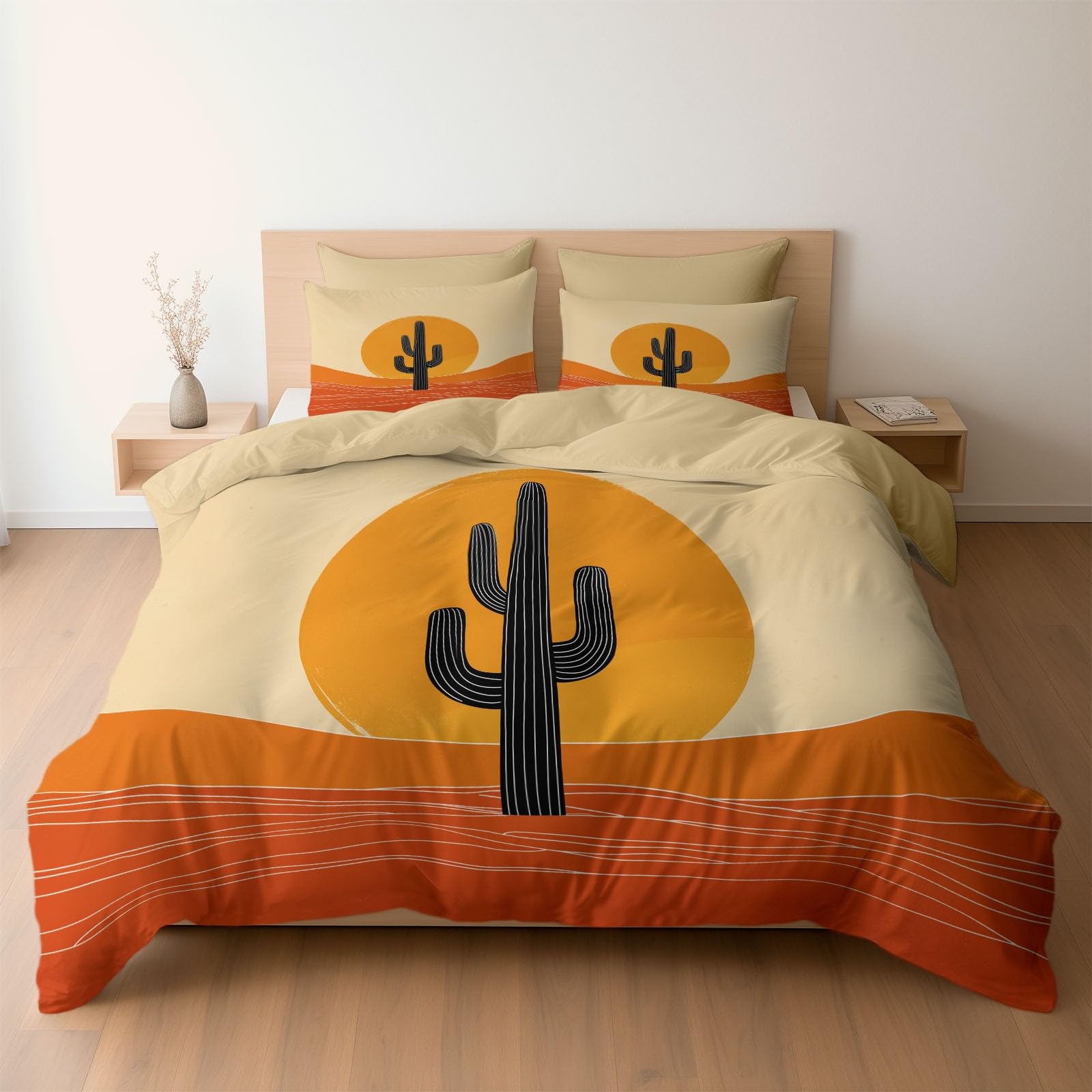 Housse de couette 200x200 cm cactus camel avec 2 taies d'oreiller