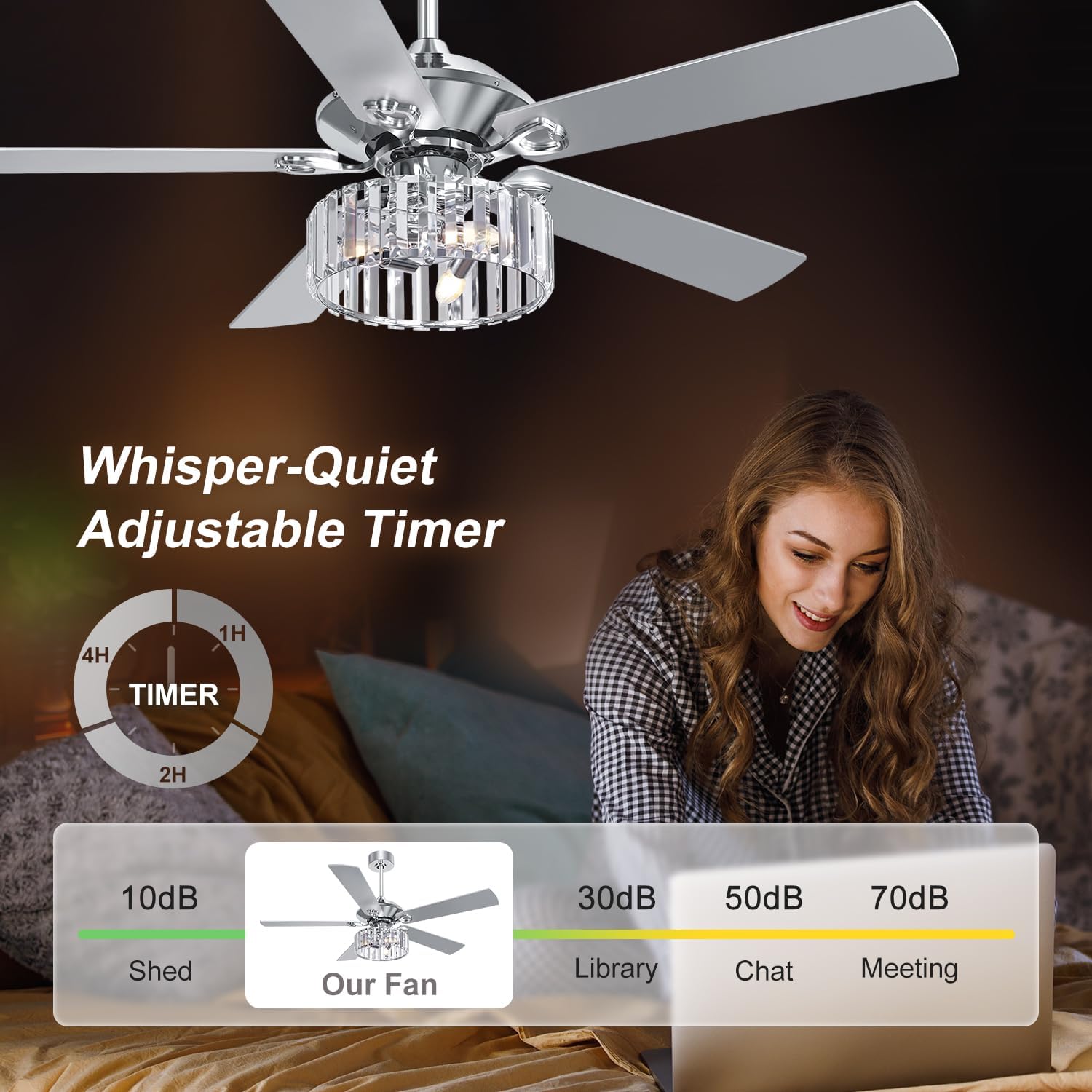 ZYD 52" Ceiling Fan with Light, Farmhouse Ceiling Fans with Lights and Remote, Industrial Chandelier Fan with Downrod, Ceiling Fans with Crystal Light, Crystal Ceiling Fan for Bedroom, Living Room