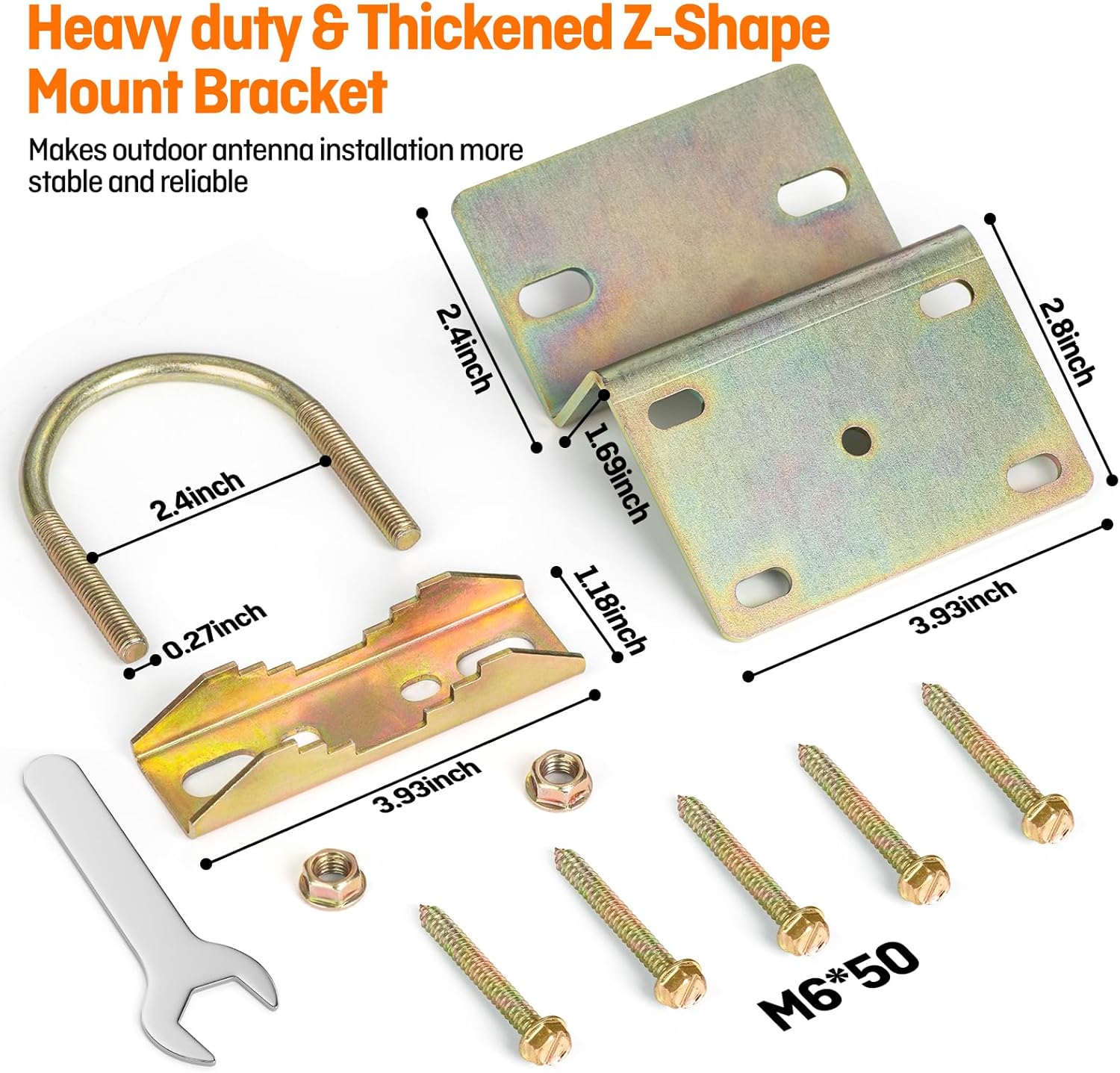 10 Sets Antenna Pole Mount Z Bracket Heavy-Duty M8 U Bolt Windproof Antenna Mast Clamp Galvanized Steel + 50 Screws for Home Outside TV Antenna Pole Holder