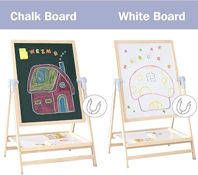 QZMTOY Kids Art Easel, Deluxe Standing Easel Set, Adjustable Art Table, Dry Erase Board&Chalkboard Double Sided Stand, 360Rotating Drawing Easels with Art Supplies, Adjust Height 28-39in