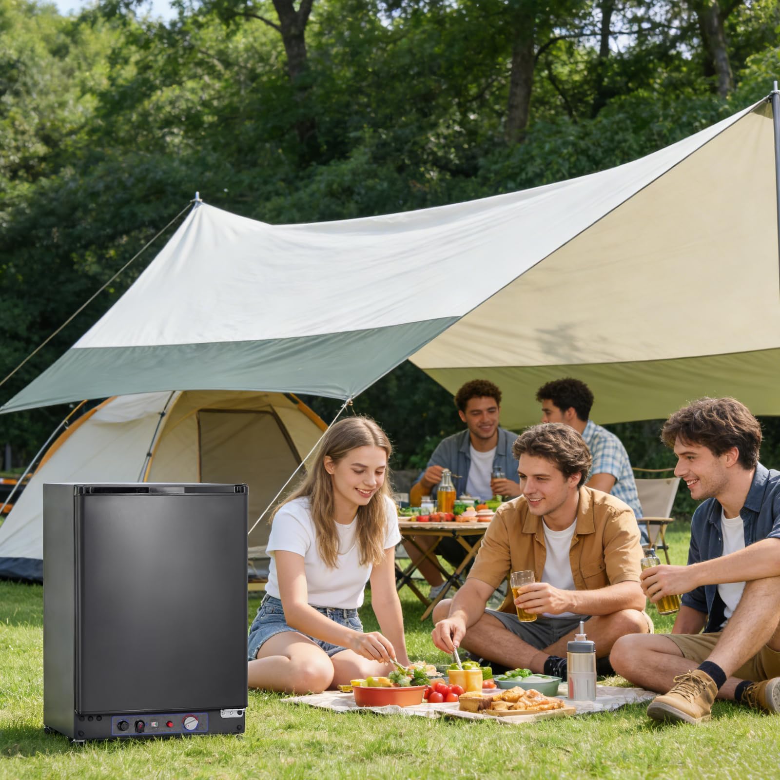 SMETA Nevera Pequeña 12V 220V Gas, Nevera Trivalente 60L para Furgoneta, Nevera de, Camper, Caravana, RV, Camión, Yate, Mini Frigorífico Silencioso, Negro