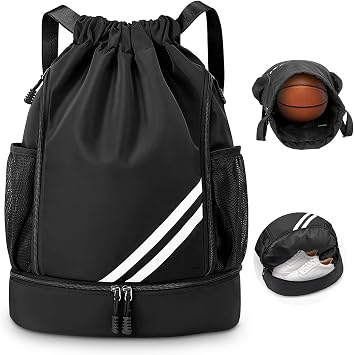 KIKIGOAL Unisex Drawstring Sports Backpack, Large Sports Gym Bag With Shoe Compartment, Waterproof PE School Backpack with Shoe Bag for Football, Basketball, Volleyball