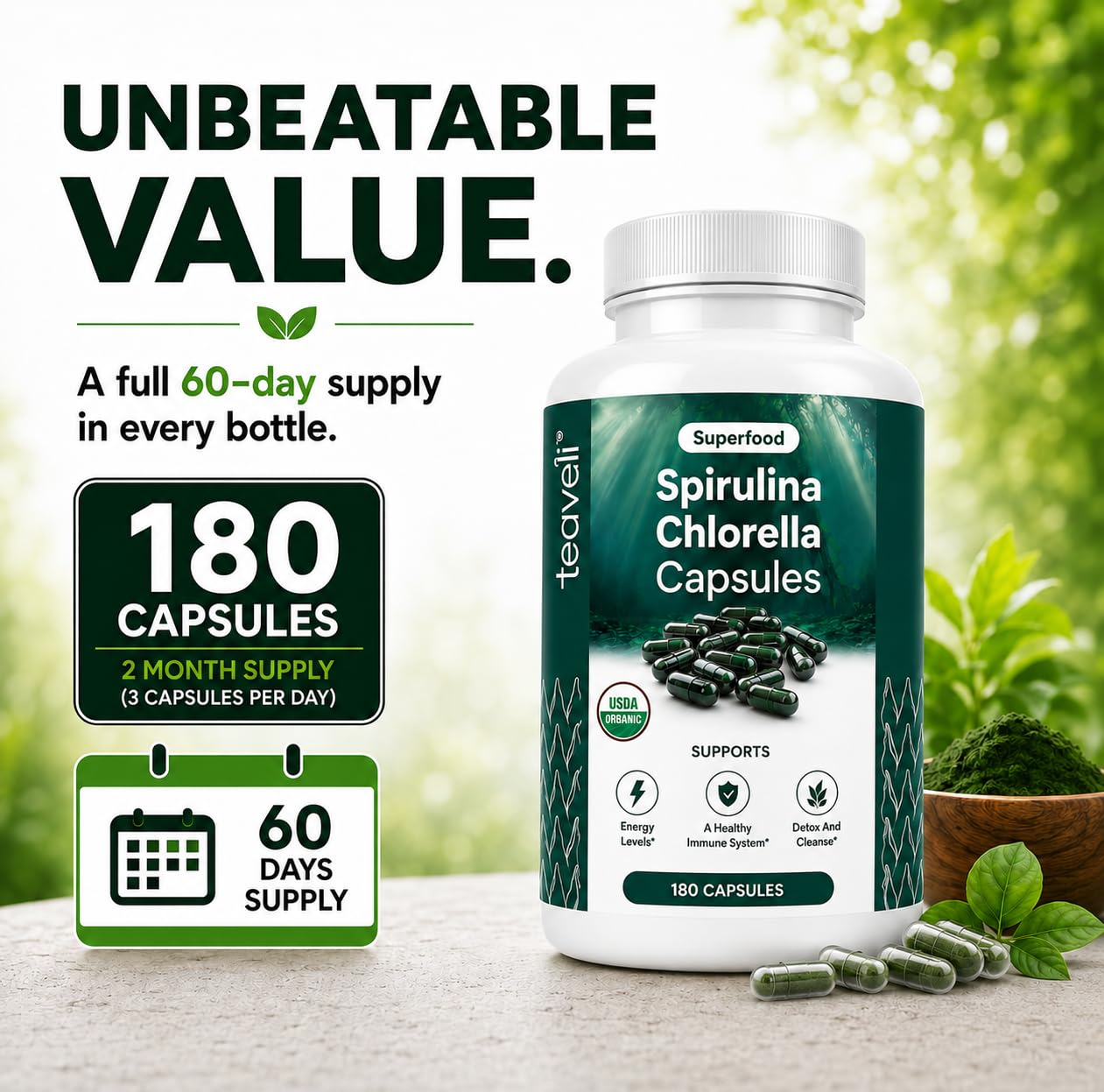 Organic Spirulina and Chlorella Capsules – 180 Chlorophyll Pills, Blue Green Algae Powder Capsules to Support Detox, Mitochondria & Energy– 3X More Chlorella Spirulina Powder/Serving — Amazon image 8