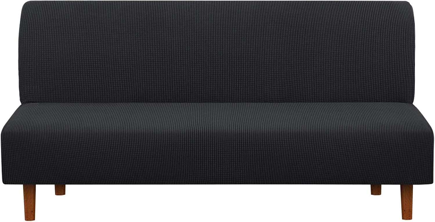 Armless Futon Slipcover, iCOVER High Stretchy Sofa Bed Couch Cover, Machine Washable Spandex Jacquard Fabric, Bottom Elastic Easy to Install, Non-Slip Furniture Protector (Black)