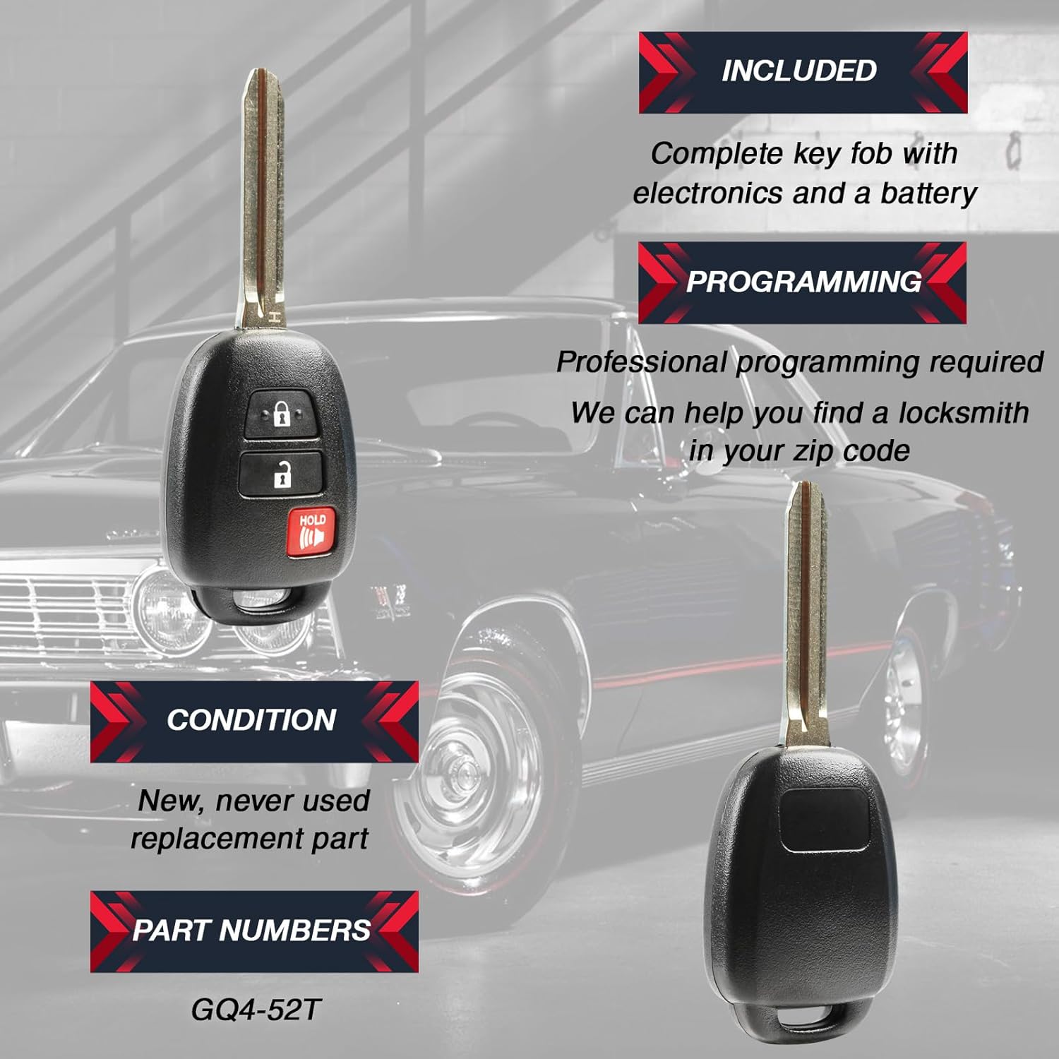 2X USARemote Keyless Entry Remote Car Key Fob Replacement for 2013 2014 2015 2016 2017 2018 2019 2020 2021 Toyota RAV4 Highlander 3-Button Remote Head Key (GQ4-52T H Chip)