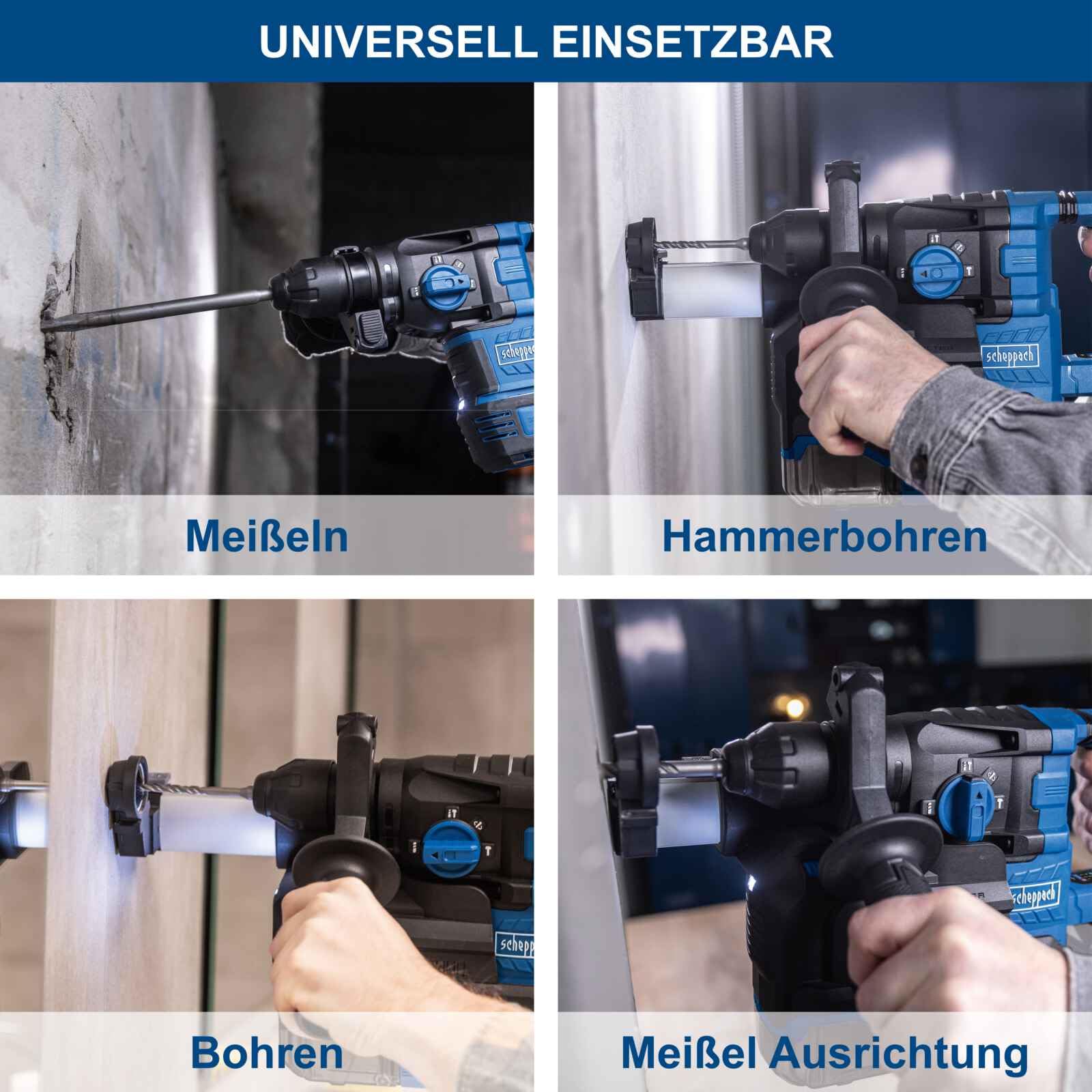 Scheppach Akku Bohrhammer BC-DH300DFS-X mit Absauganlage | 4in1 Meißelhammer Bohren, Meißeln, Hammerbohren & Ausrichtung | 2,8 J - 4440 bpm | 20V-IXES-Serie | 10 Jahre Garantie | Ohne Akku & Ladegerät