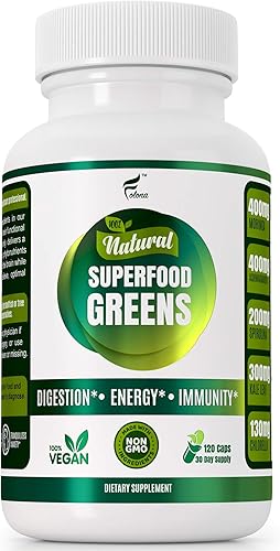 Cápsulas orgánicas veganas súper verdes con Ashwagandha - Apoyo inmunológico con todos los nutrientes naturales de alimentos integrales clorella,