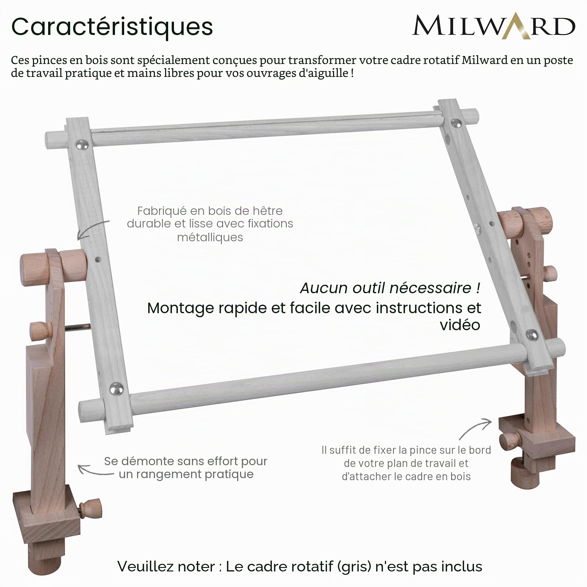 Milward Pince de table réglable S – Pince rotative à 360° pour cadres à tapisserie sur table ou bureau. Support pour broderie, point de croix, travaux d'aiguille et quilting.