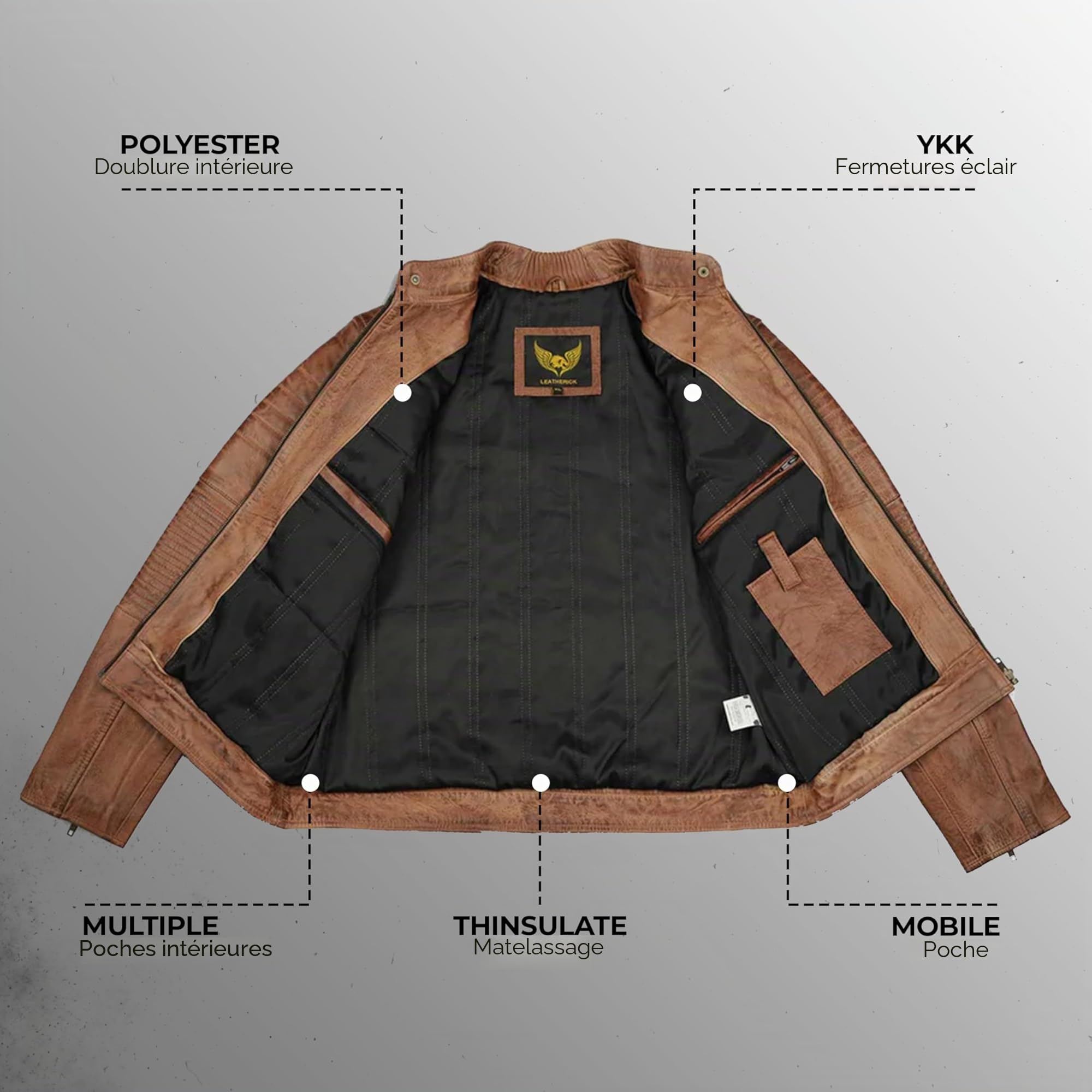 Leatherick Veste de motard en cuir véritable pour homme au look vieilli Marron clair