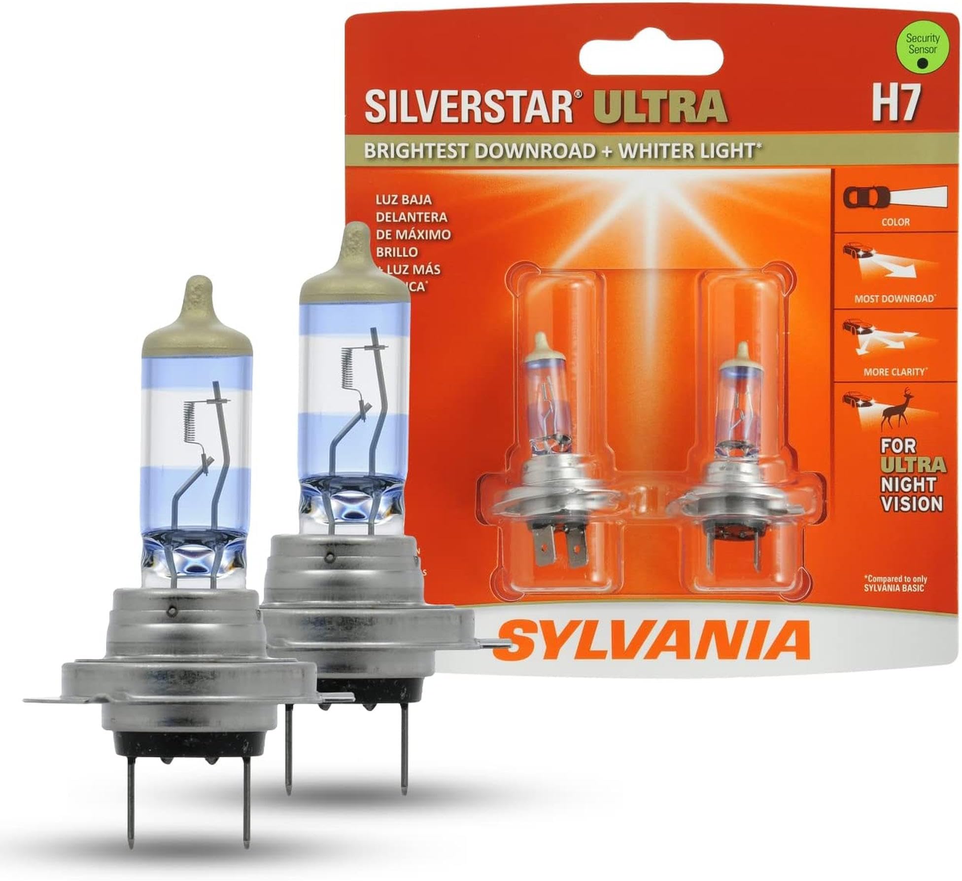 SYLVANIA - 9003 SilverStar Ultra - High Performance Halogen Headlight Bulb, High Beam, Low Beam and Fog Replacement Bulb, Brightest Downroad with Whiter Light, Tri-Band Technology (Contains 2 Bulbs)