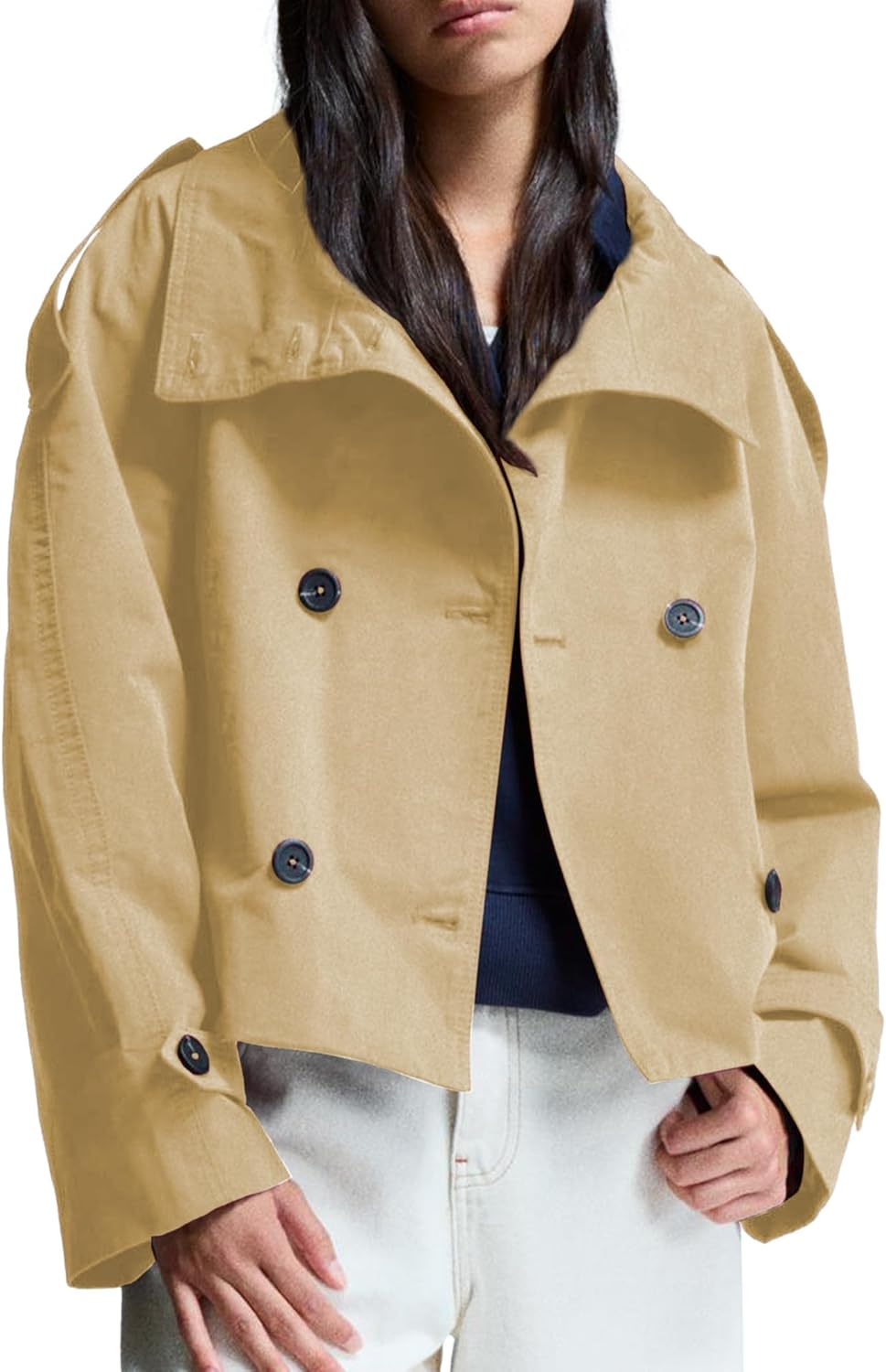 Womens Cropped Trench Coat High Collar Long Sleeve Loose Double Breasted Fashion Fall Winter Coats with Belt - Image 4