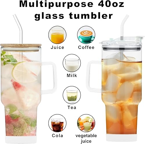 Miniatura 5 de AiHeart Vaso de vidrio de 50 onzas con popote y tapas, vaso de vidrio con asa, taza de vidrio con tapa sin BPA y funda de silicona, botella de agua